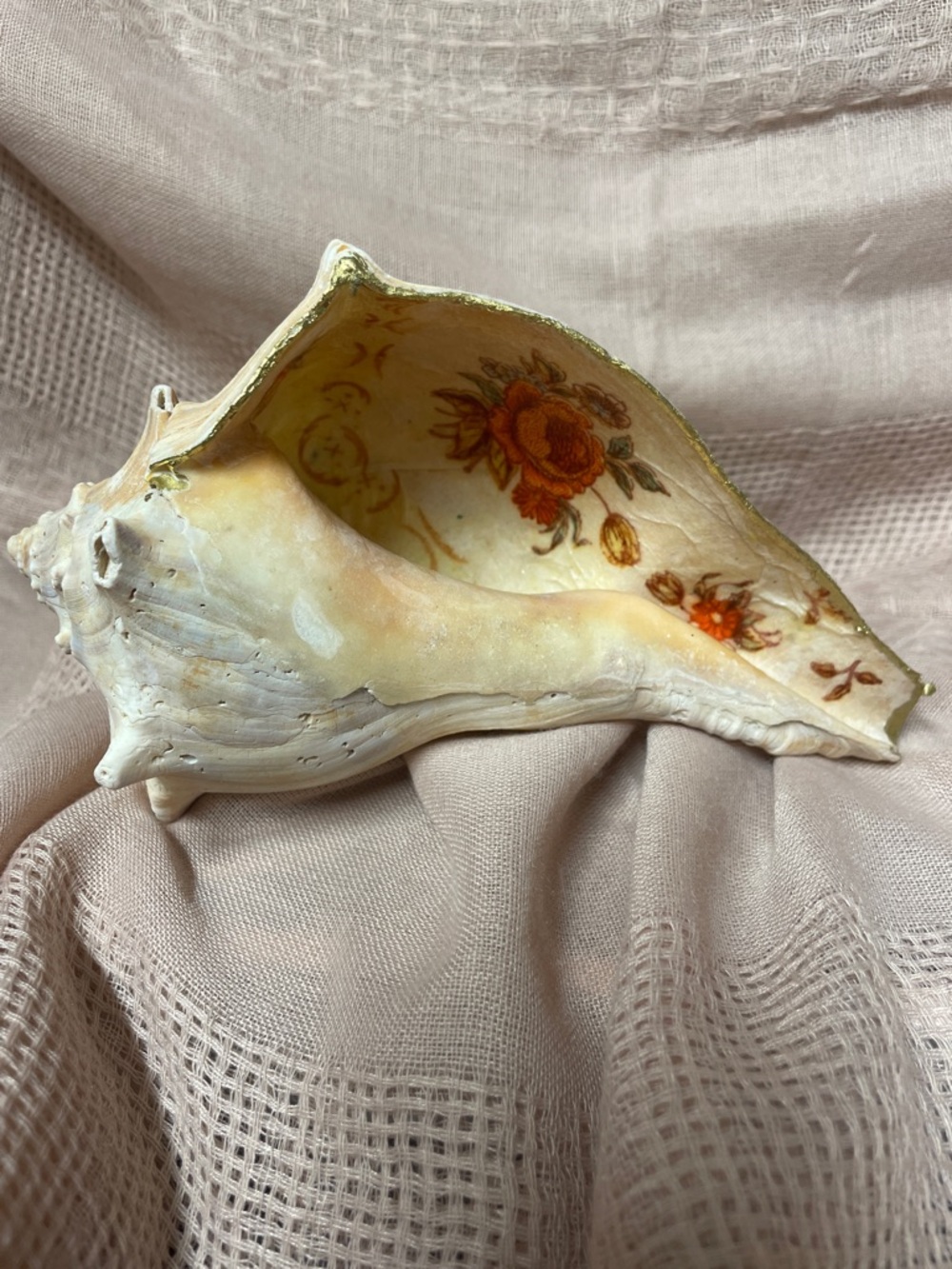 Hand Crafted Peach and Orange Decoupaged Floral Shell Accent